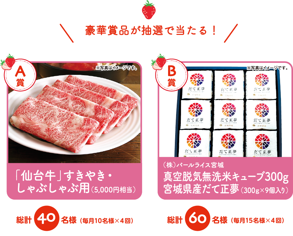 豪華賞品が抽選で当たる A賞:「仙台牛」すきやき・しゃぶしゃぶ用 B賞:真空脱気無洗米キューブ300g 宮城県産だて正夢